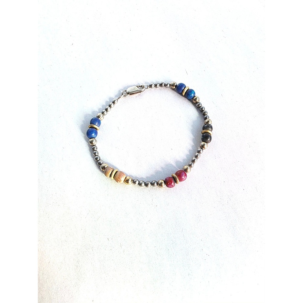 Milor Italy 925 Sterling Silver Multi Stone Beaded Bracelet Lapis Red Blue 7.25"